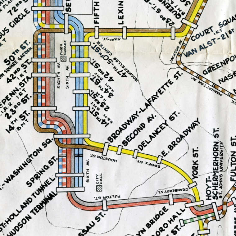 Detail from sketch IND subway map by Arthur Weindorf, 1943, for the ...