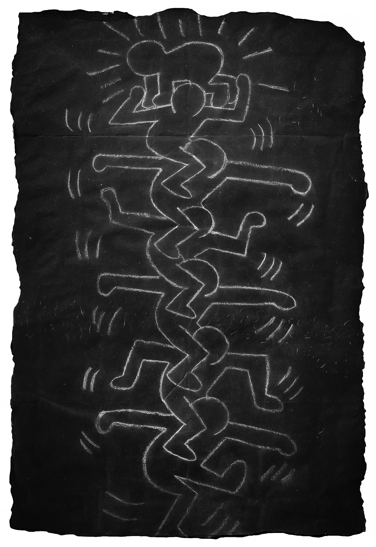 Example of Keith Haring subway chalk drawing featuring stacked figures outlined in white.