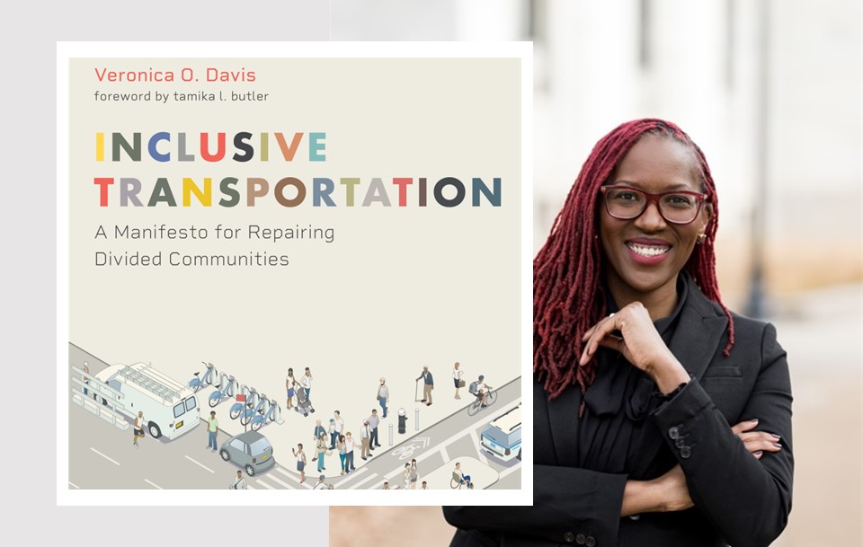 Author Veronica Davis and the book cover image for Inclusive Transportation