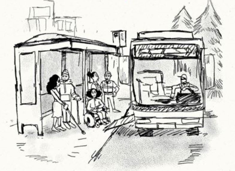 Illustrated drawing of people under bus shelter with mobility tools including wheelchair and low vision walking stick preparing to board a bus.