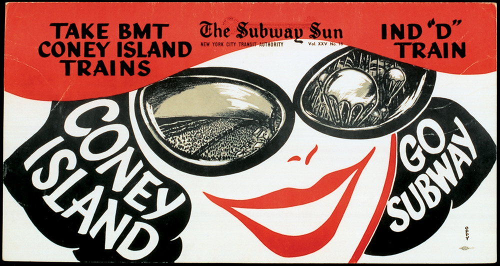 Subway Sun ad with drawing of woman wearing sunglasses. Coney Island Go Subway