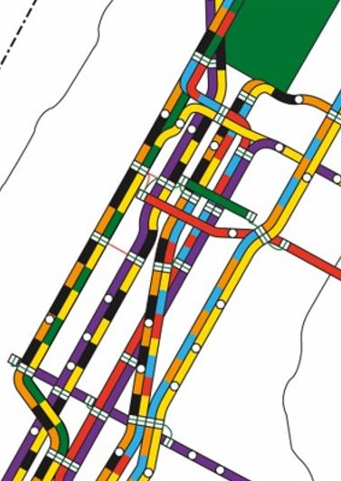 Subway map design featuring multiple colors.