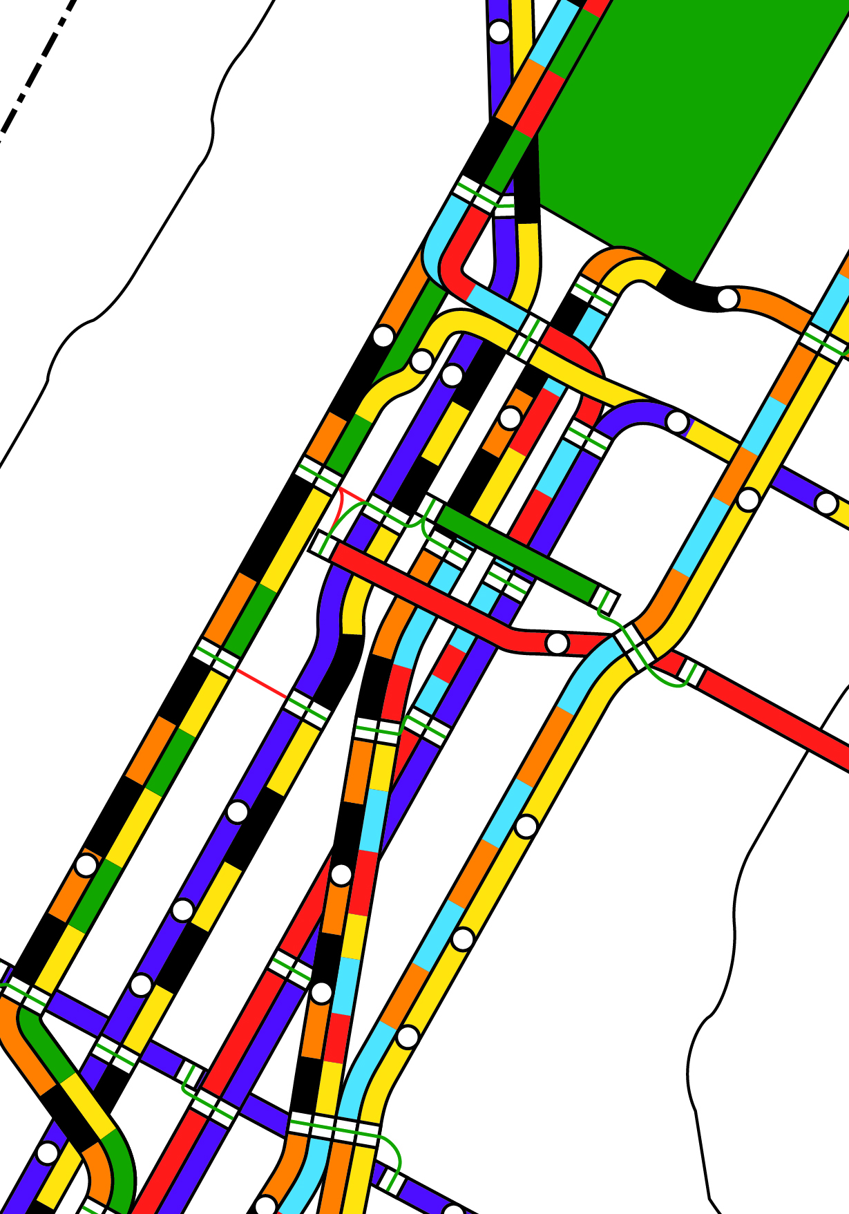 Subway map design featuring multiple colors.