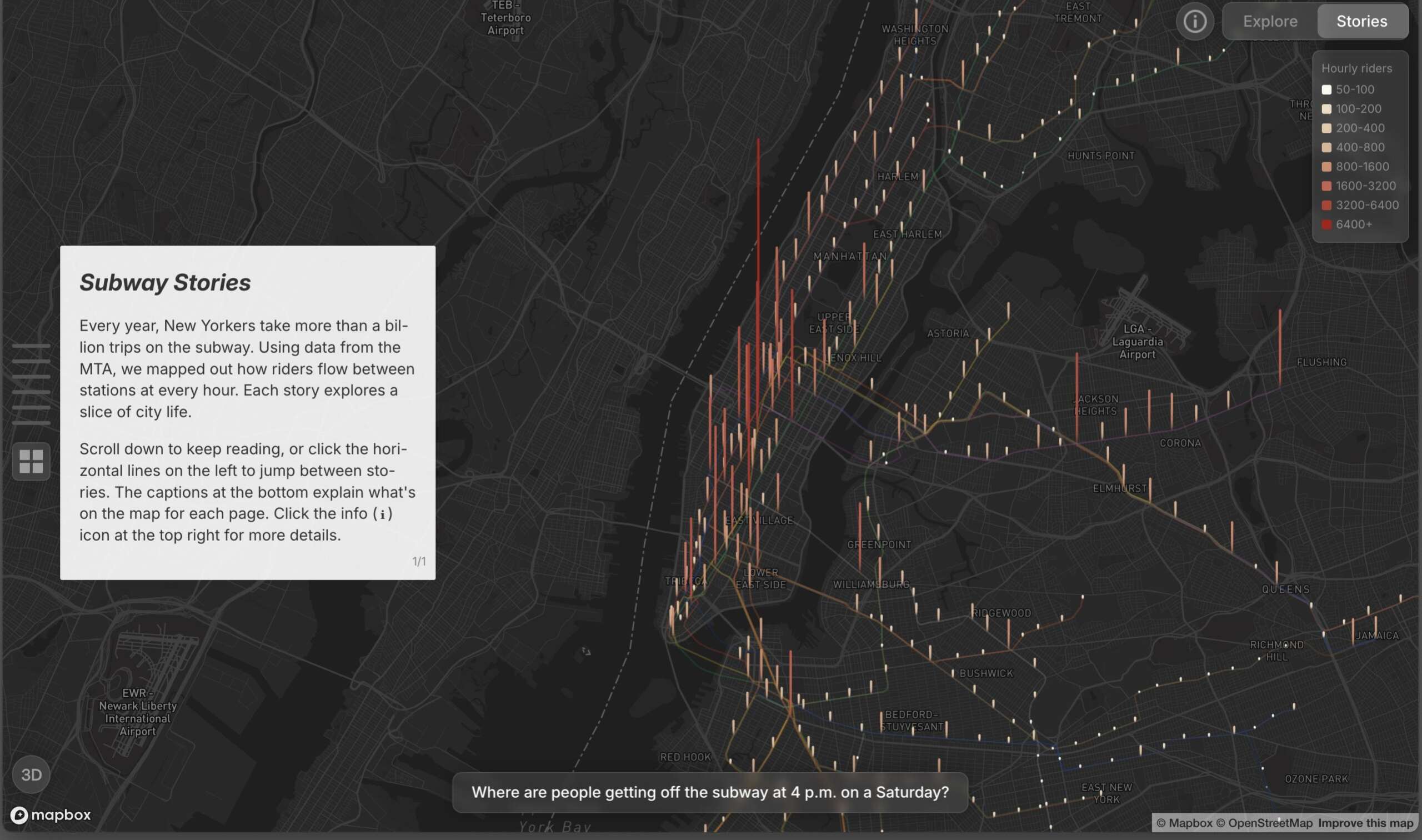 Screenshot of Subway Stories. The description of the project is superimposed over digital map.