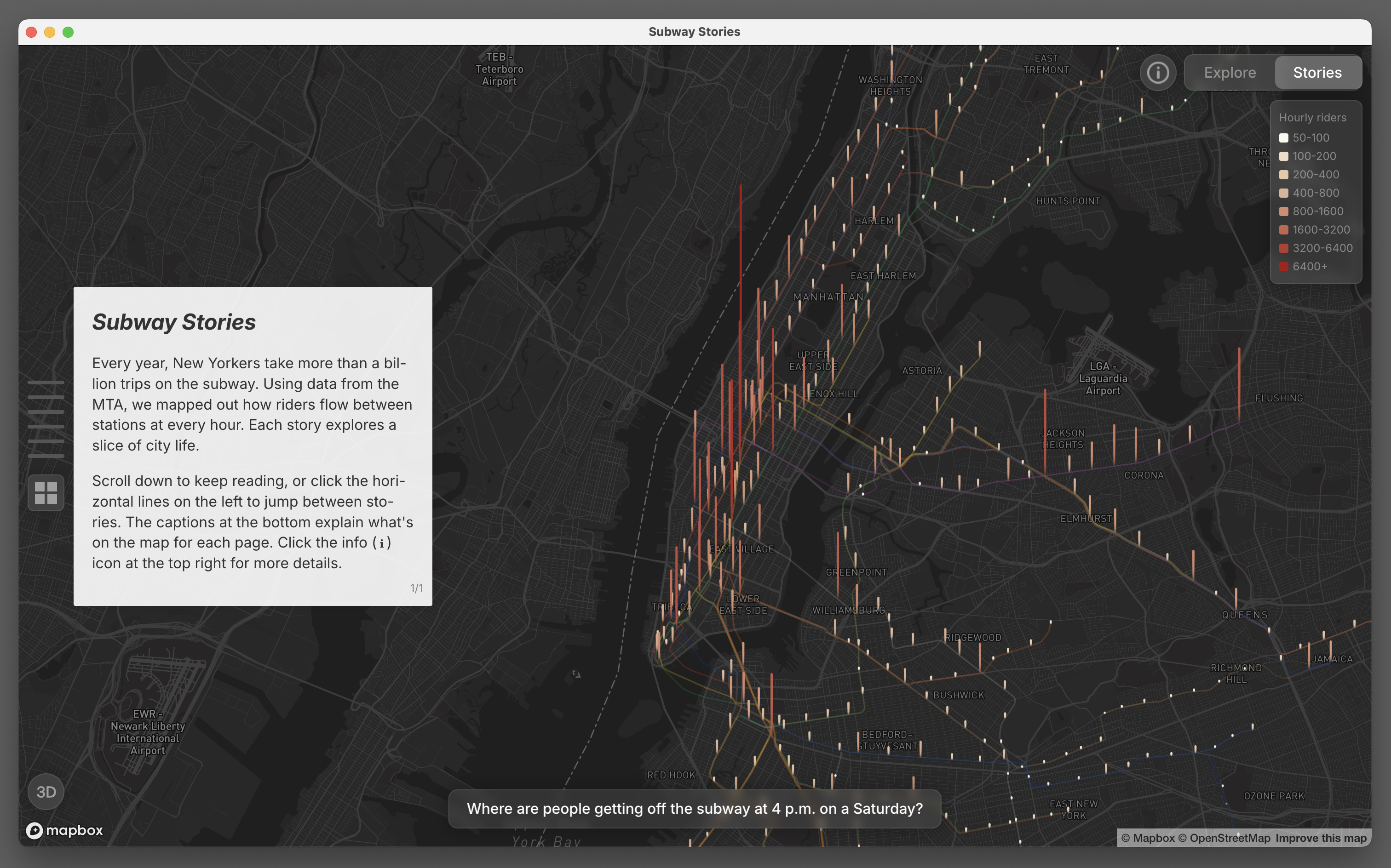 Screenshot of Subway Stories. The description of the project is superimposed over digital map.