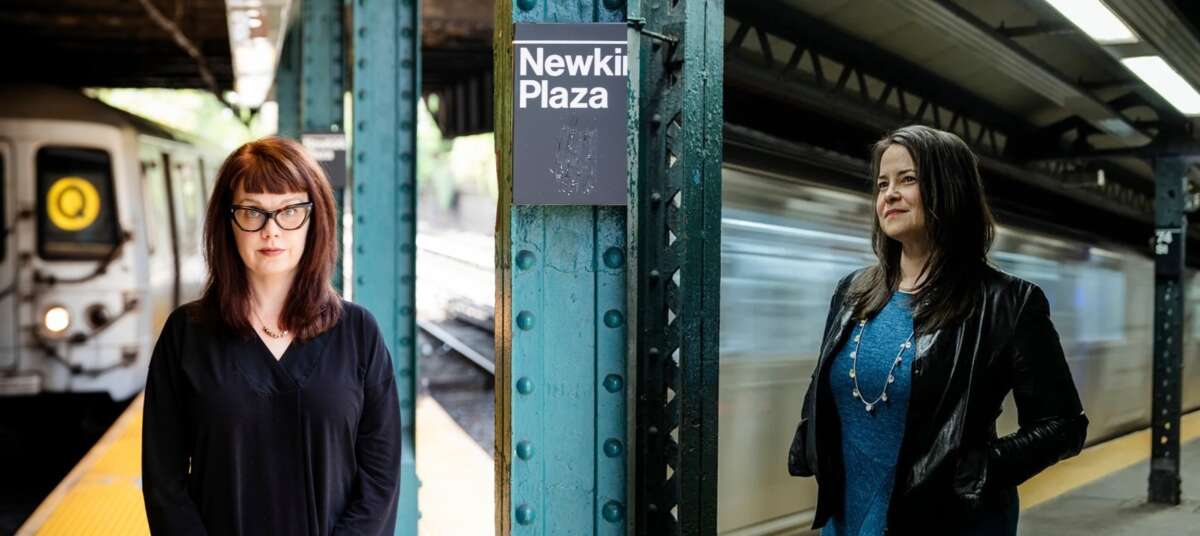 Two images side by side, each with a woman on a subway platform.