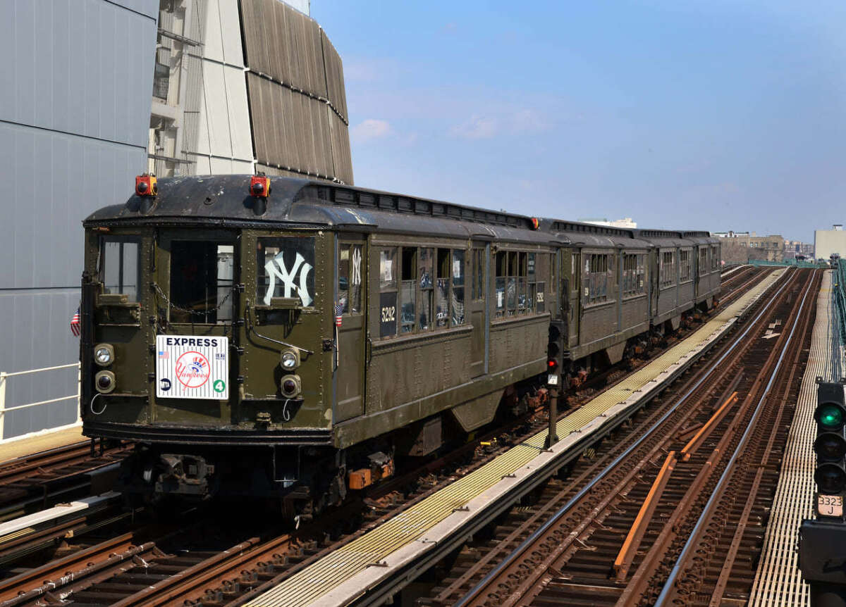 1917 Lo-V train on tracks in front of Yankee Stadium